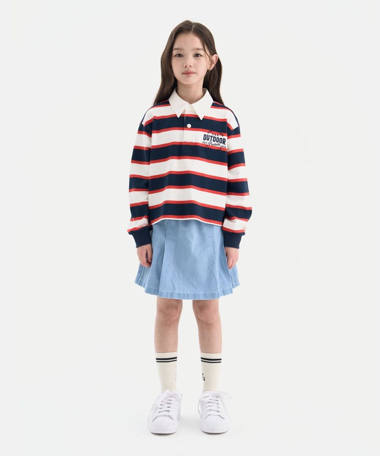 [세트상품]여아 세미크롭 럭비티+데님 스커트 팬츠 (다크 네이비+라이트블루)