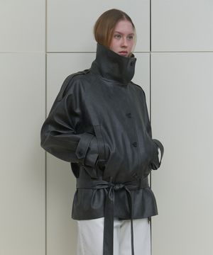 HIGH NECK LEATHER JACKET_CHARCOAL