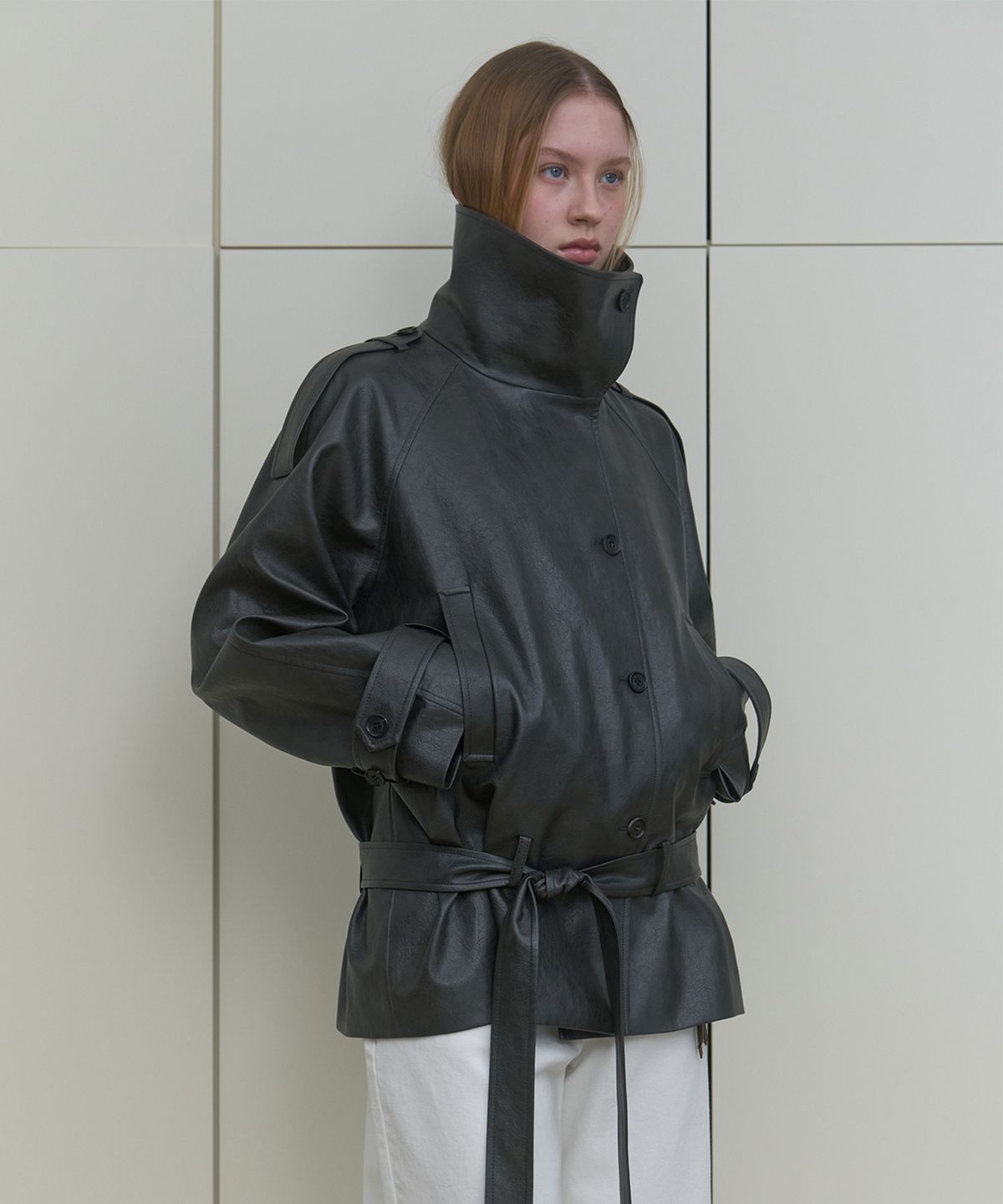 마조네(MA JOURNEE) HIGH NECK LEATHER JACKET_CHARCOAL