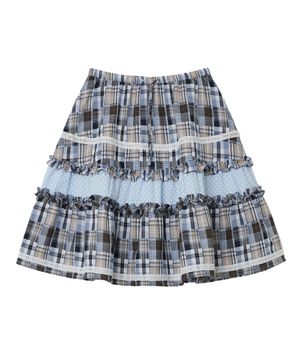 Lace Trim Ruffled Check Skirt [Blue]