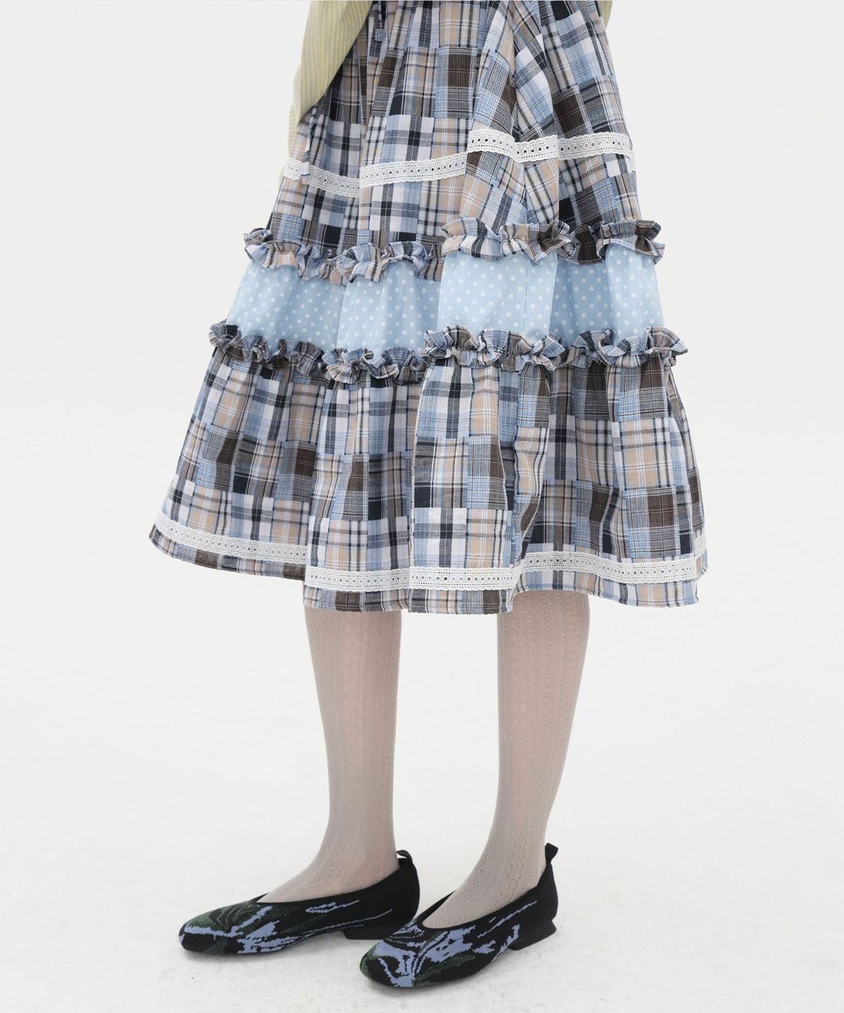 타입서비스(TYPESERVICE) Lace Trim Ruffled Check Skirt [Blue]
