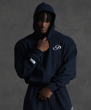 오버핏 크롭 스웨트 후드 티셔츠 - 네이비