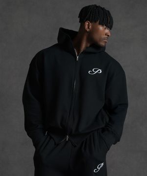 오버핏 크롭 스웨트 2-way 후드 집업 - 블랙