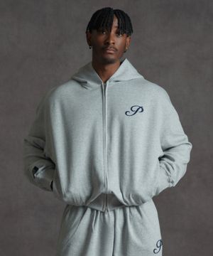 오버핏 크롭 스웨트 2-way 후드 집업 - 그레이