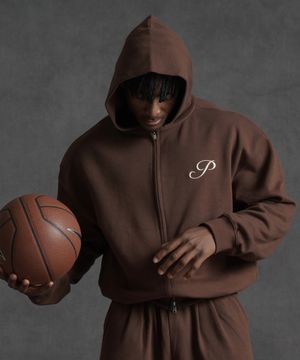 오버핏 크롭 스웨트 2-way 후드 집업 - 모카