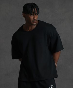 오버핏 U넥 무지 반팔 티셔츠 - 블랙