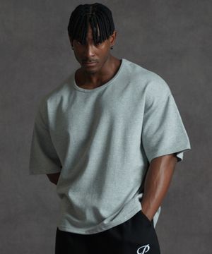 오버핏 U넥 무지 반팔 티셔츠 - 그레이