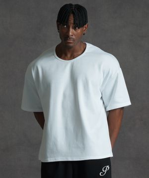 오버핏 U넥 무지 반팔 티셔츠 - 화이트