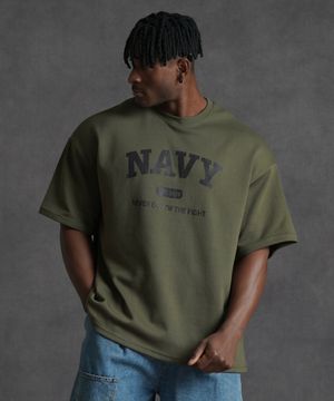 오버핏 네이비 반팔 티셔츠 - 카키