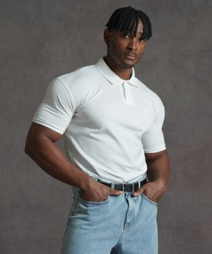 머슬핏 레터링 무지 카라 티셔츠 - 화이트