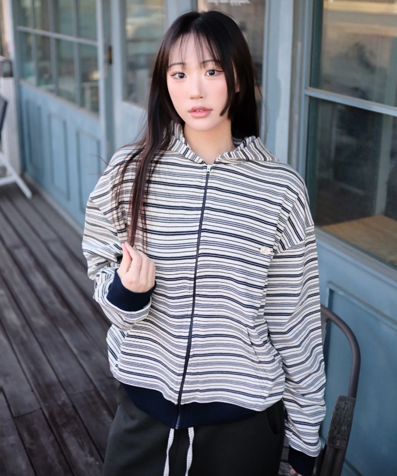 WP STRIPE THIN ZIP UP HOOD(NAVY)