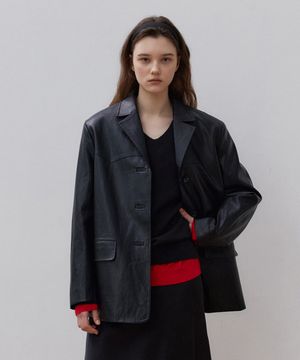 오버핏 싱글 레더 블레이저_Deep Black