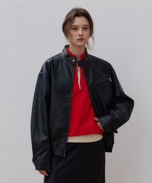 오버핏 바이커 레더 블루종_Deep Black