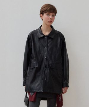 스트링 하프 레더 자켓_Deep Black