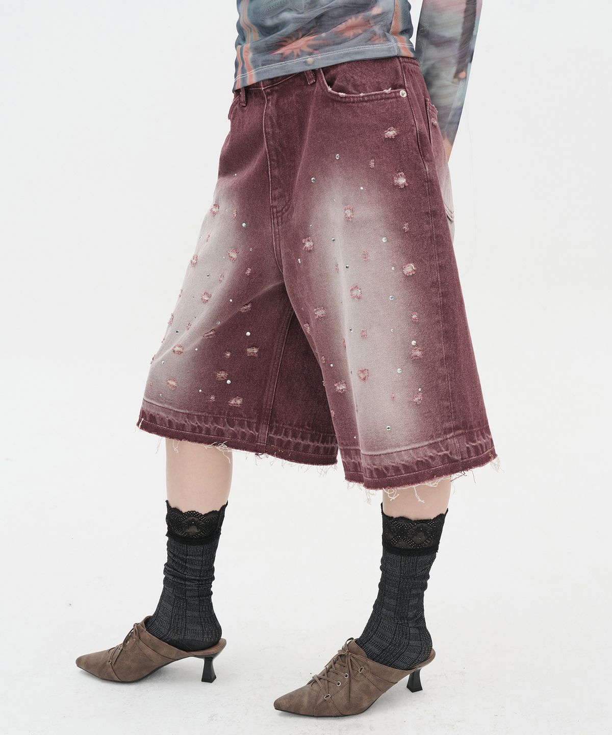 타입서비스(TYPESERVICE) Damaged Stone Bermuda Shorts [Wine]