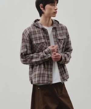 페이드 체크 레이어 후디드 자켓 [브라운]