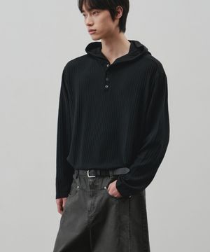 리브드 스냅 헨리넥 크롭 후드 티셔츠 [블랙]