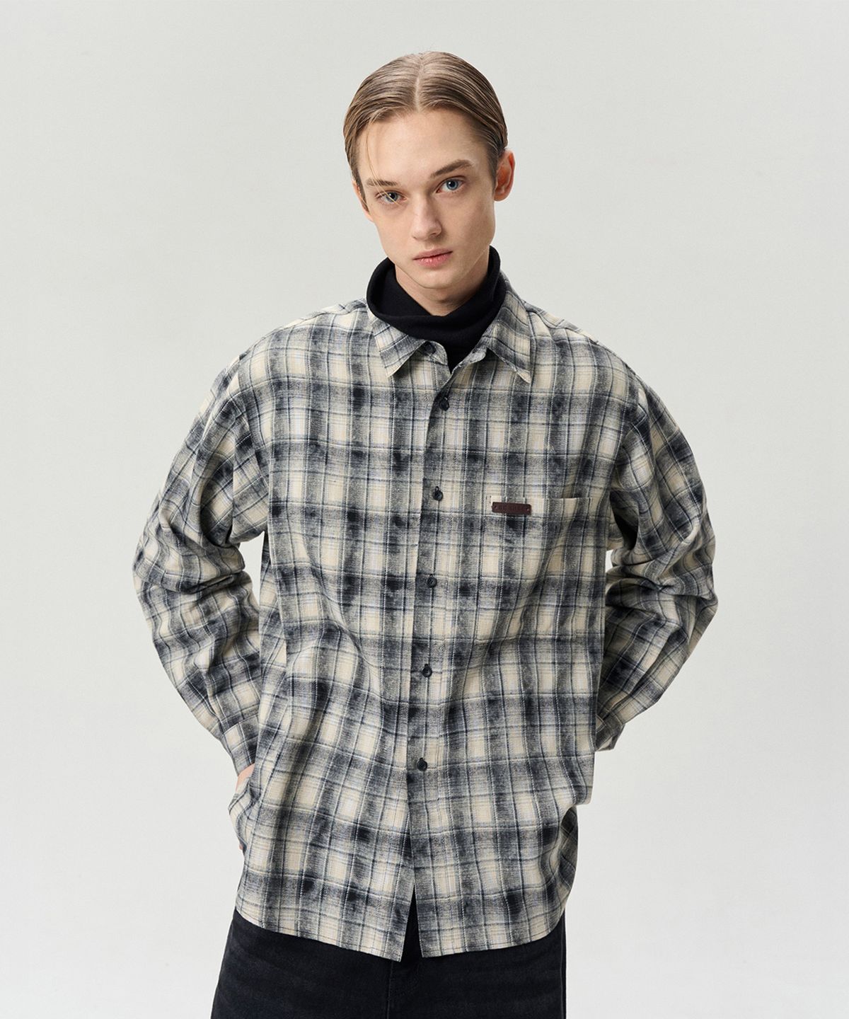 리이 맨(RERHEE MEN) CHECKED COTTON SHIRT WASHED BLACK