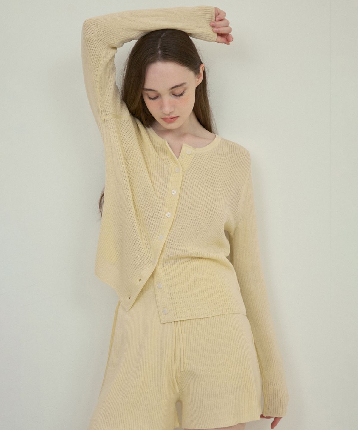 아우어노스텔지아(OURNOSTALGIA) Lush basic knit setup cardigan_Butter yellow(OC25-KN09)