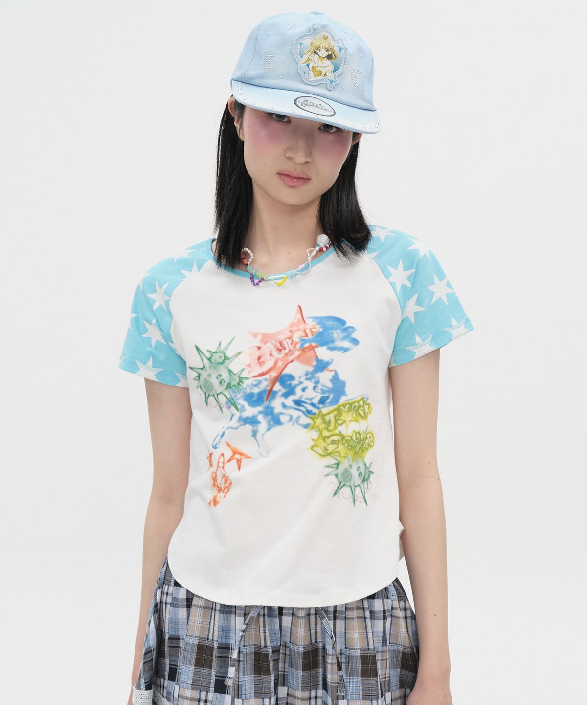 타입서비스(TYPESERVICE) Star Sleeve Spray Raglan Top [Blue]
