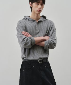 리브드 스냅 헨리넥 크롭 후드 티셔츠 [멜란지그레이]