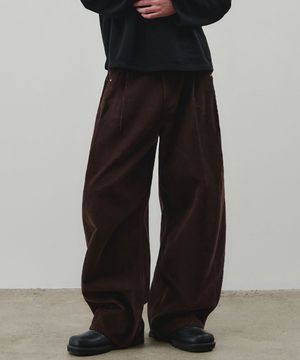 폴드 레이어 세미 와이드 코듀로이 팬츠 [다크브라운]