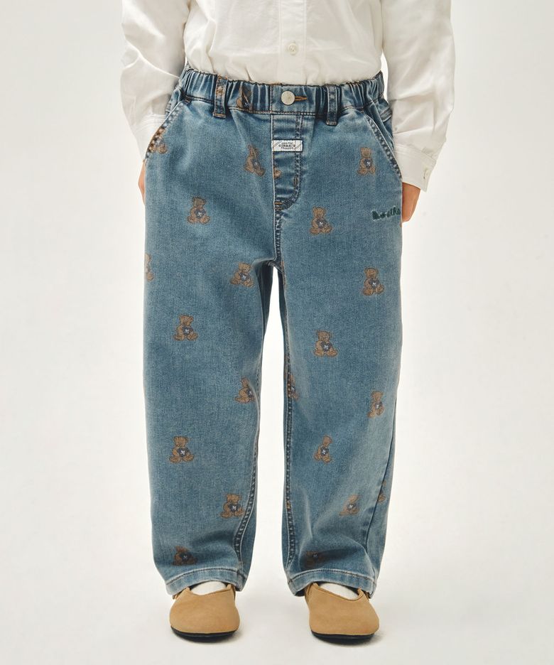 KIDS BEAR PRINTED DENIM PANTS blue
