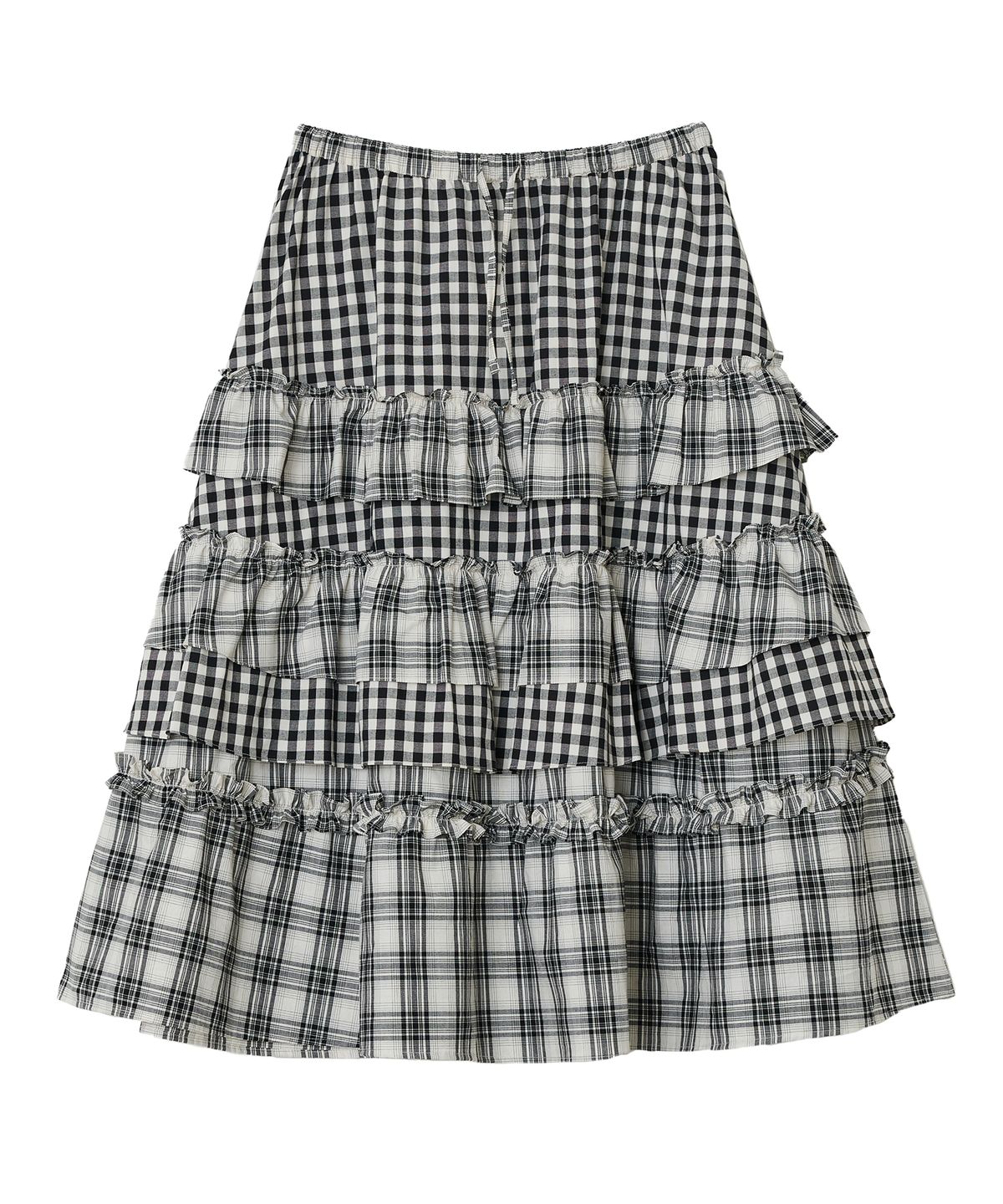 타입서비스(TYPESERVICE) Voluminous Check Tier Skirt [Black]