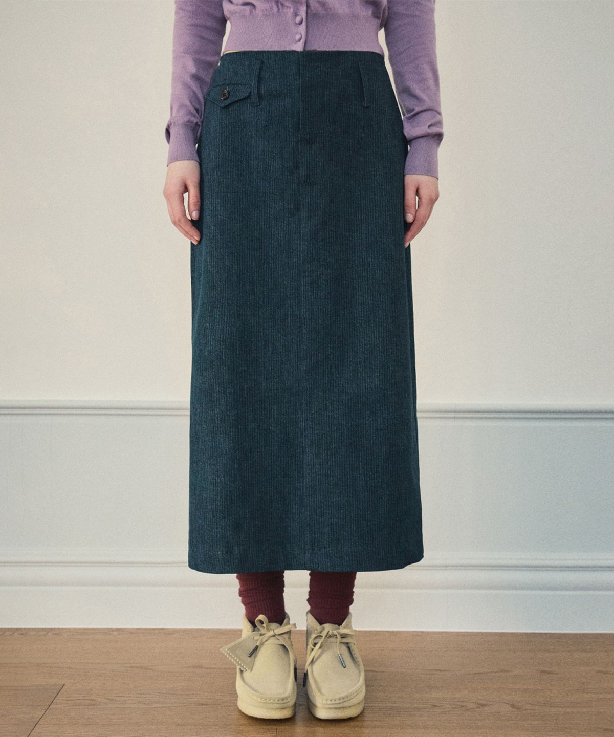 아우어노스텔지아(OURNOSTALGIA) Pocket herringbone midi skirt_Denim(O25-SK03)