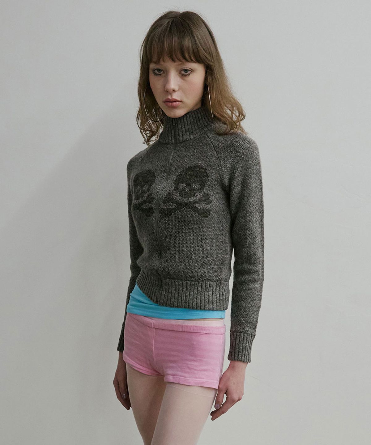 스컬프터(SCULPTOR) Skull Zip-Up Sweater Melange Gray