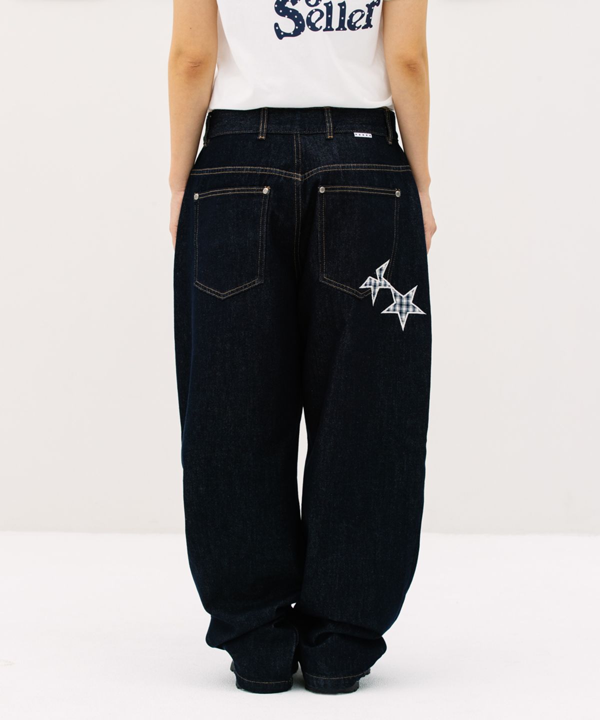 카비시(CAVISH) CHECK APPLIQUE DENIM PANTS BLUE(CV2GSFD111A)