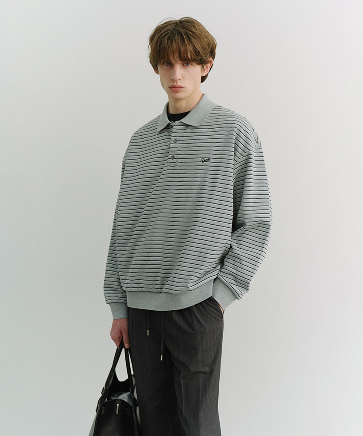 던스트 포 맨(DUNST FOR MEN) STRIPED LOGO COLLARED T-SHIRT_UNISEX_UDTS6A120_GREY