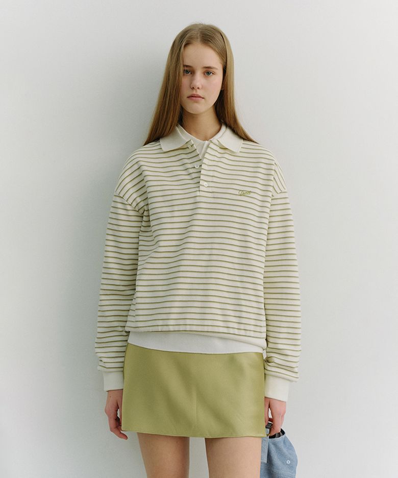UNISEX STRIPED LOGO COLLARED T-SHIRT_UDTS6A120_OLIVE STRIPE
