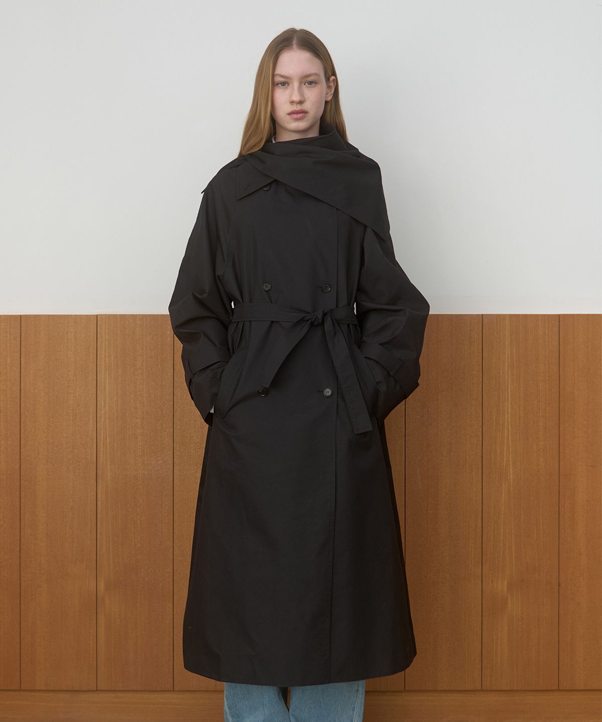 마조네(MA JOURNEE) SCARF SET TRENCH COAT_BLACK