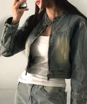 워싱 크롭 데님 자켓 딥블루