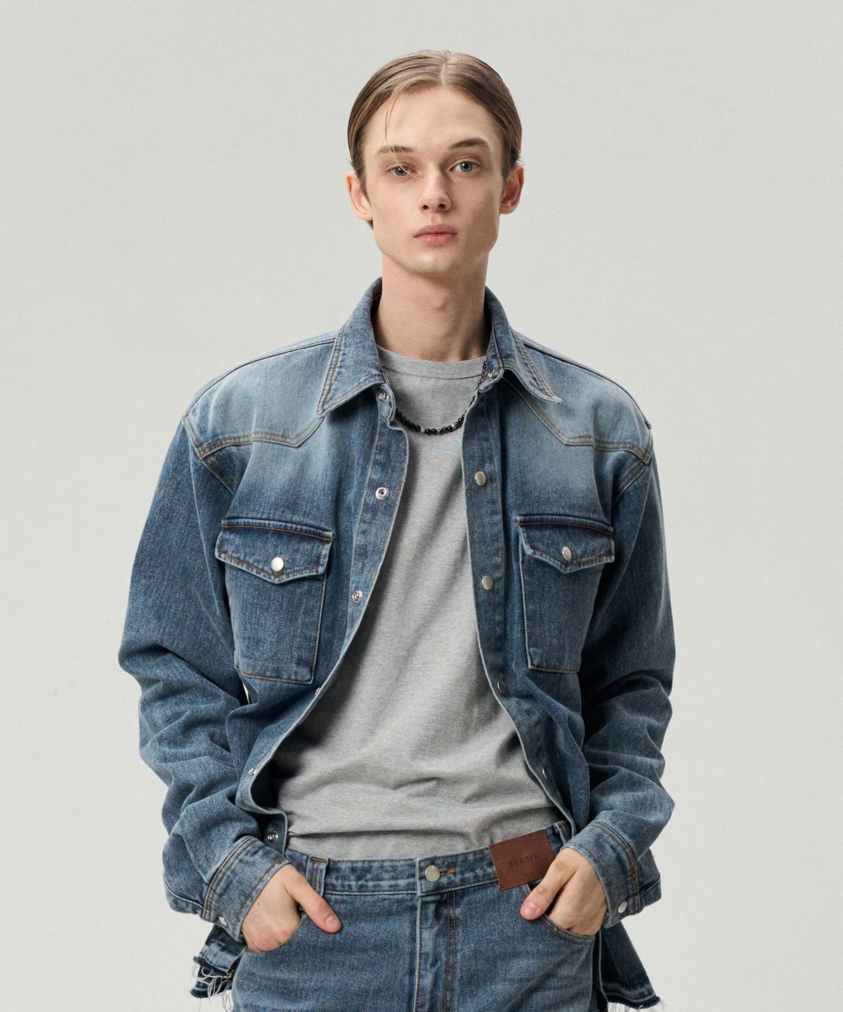 리이 맨(RERHEE MEN) DESTROYED HEM SHIRT JACKET WASHED BLUE