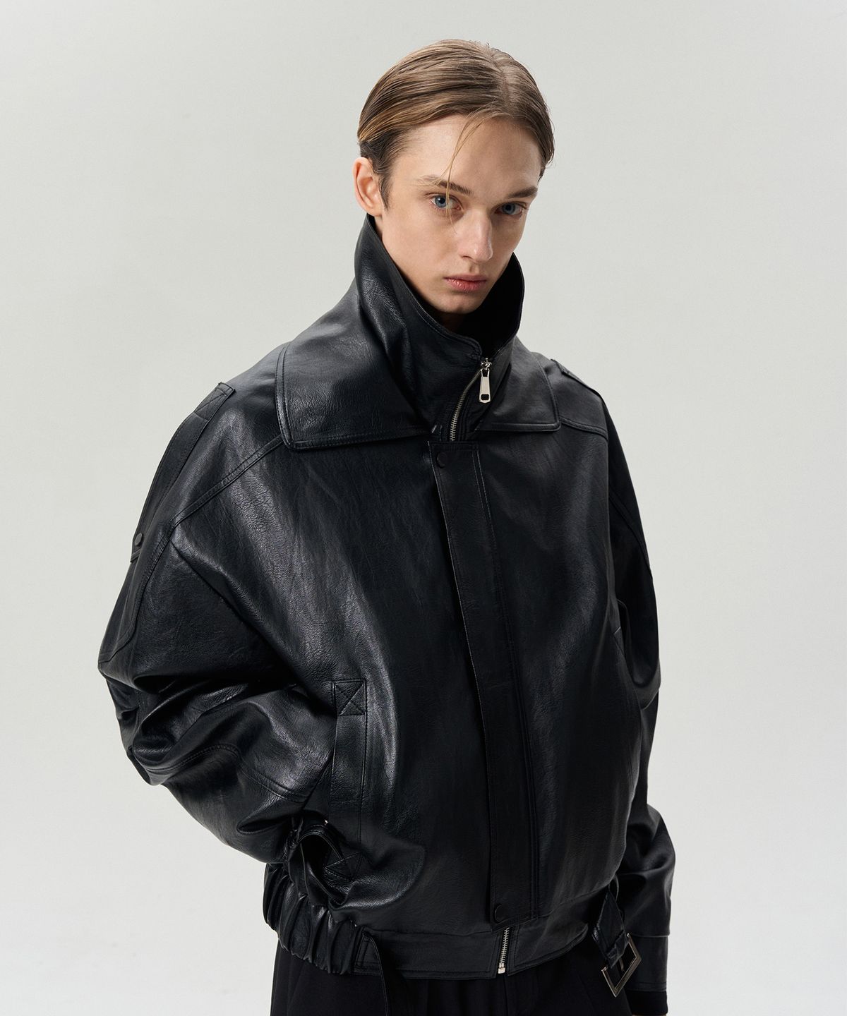 리이 맨(RERHEE MEN) DOUBLE COLLAR BELTED HEM JACKET BLACK