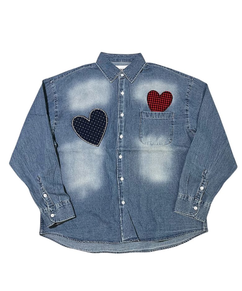 Double Hearts Denim Shirt ((blue))
