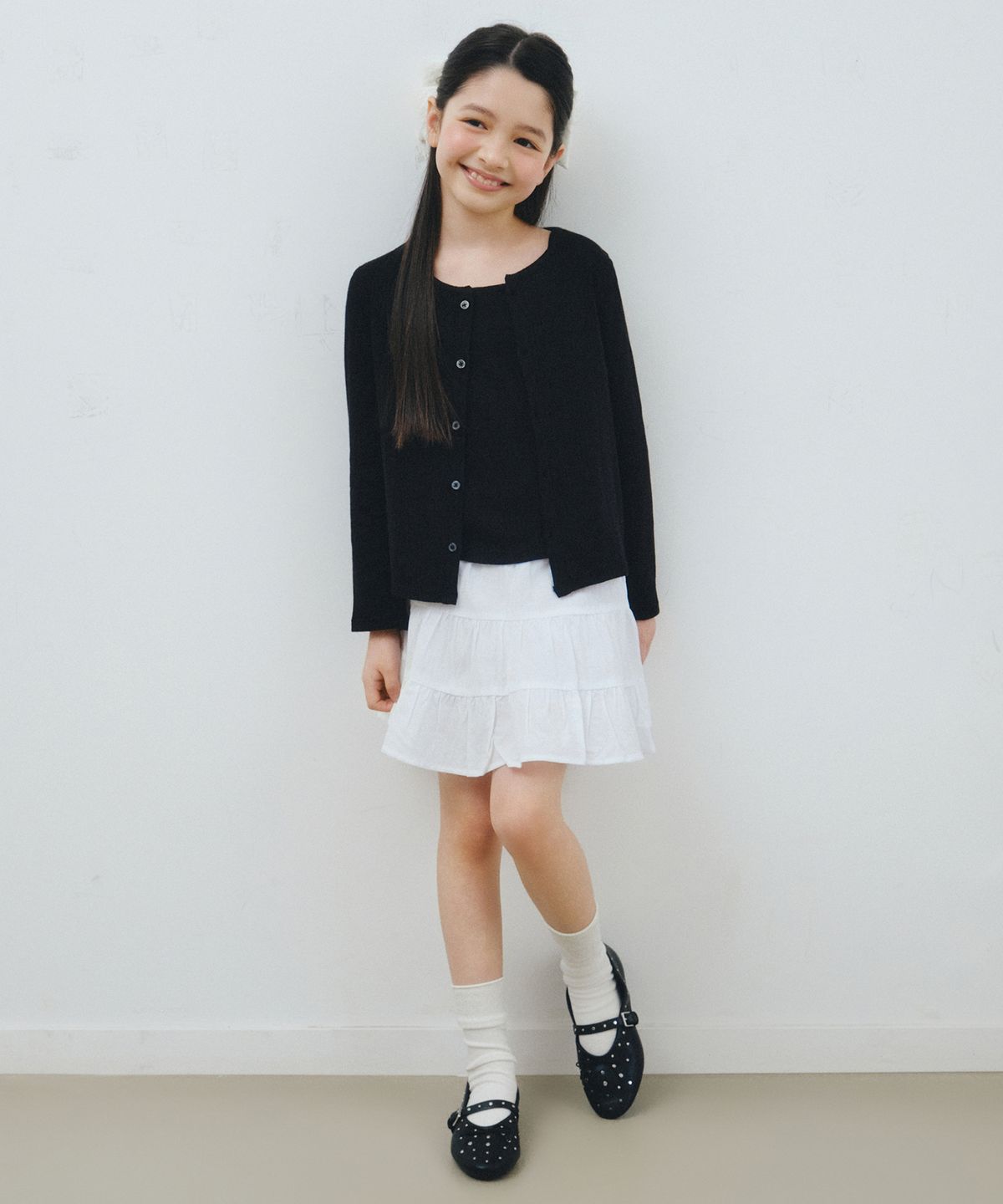 무신사 스탠다드 키즈(MUSINSA STANDARD KIDS) 포인텔 슬리브리스 탑 가디건 세트 [블랙]