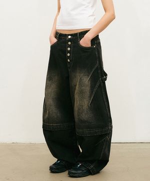 버튼 플랩 다트 벌룬 데님 팬츠 블랙