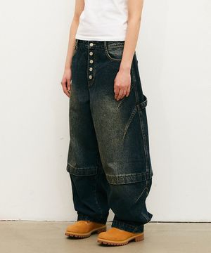 버튼 플랩 다트 벌룬 데님 팬츠 인디고