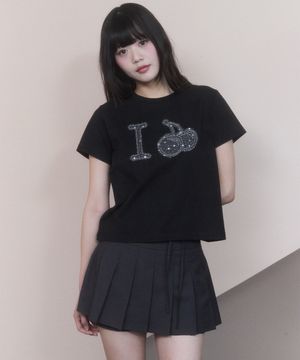 아이러브 키르시 데님 아플리케 크롭 티셔츠 [블랙]