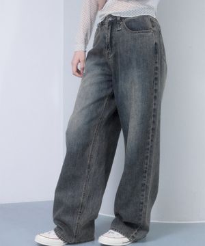 플레인 와이드핏 데님 팬츠 [다크 블루]