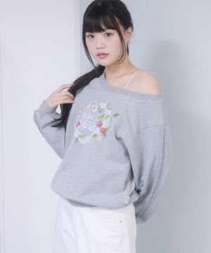 체리 그래픽 오프숄더 크롭 스웻셔츠 [멜란지 그레이]