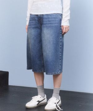 포켓 리본 디테일 와이드핏 데님 쇼츠 [블루]