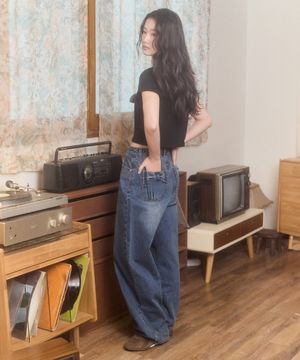 포켓 리본 디테일 와이드핏 데님 팬츠 [블루]