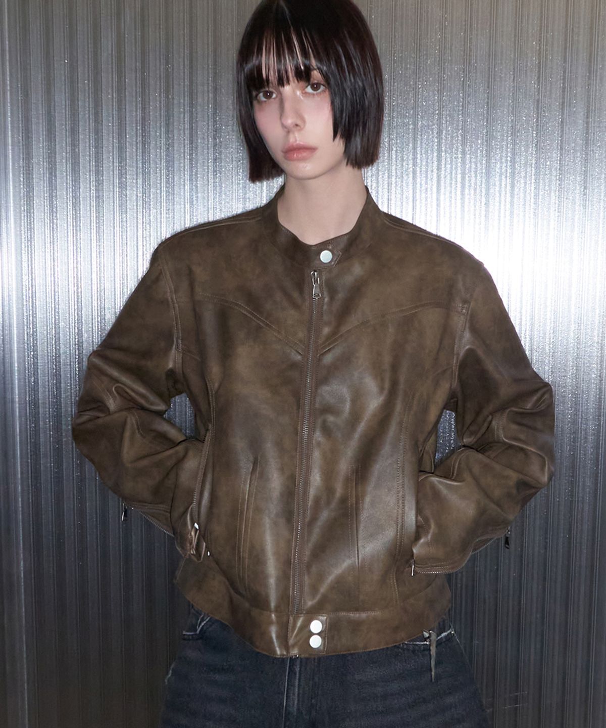렌세(RENSE) Vegan Leather Biker Jacket Brown