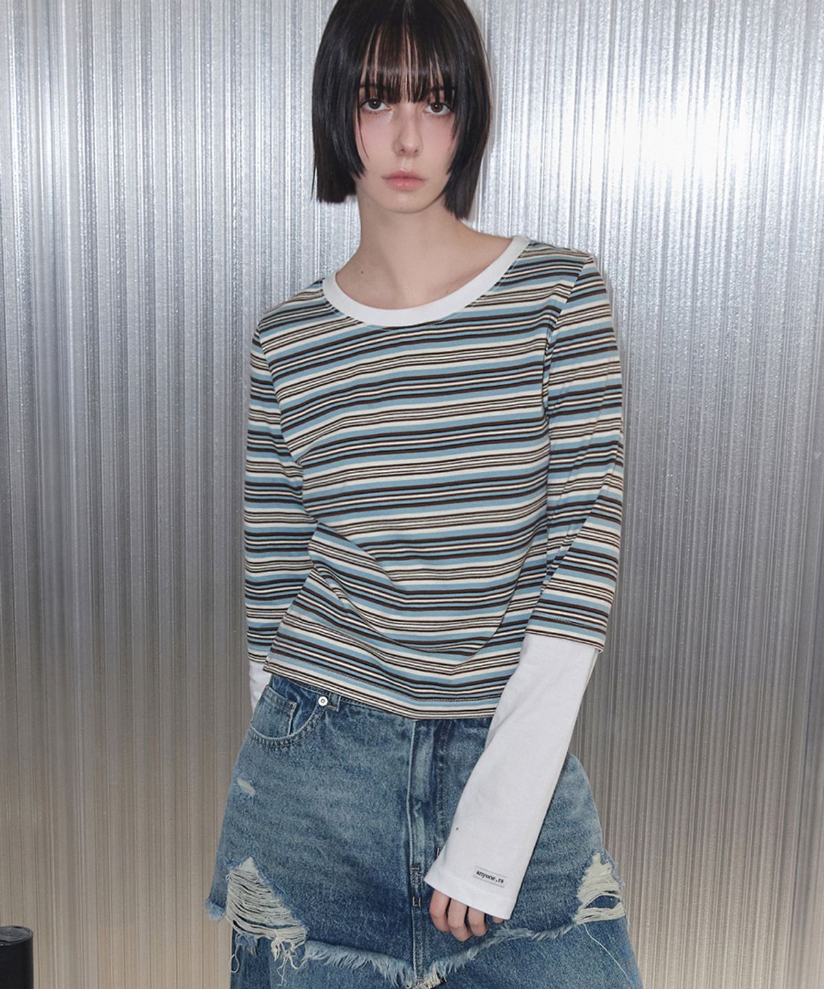 렌세(RENSE) Side Snap Contrast Stripe T-Shirt Blue
