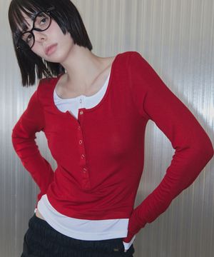 Henley Neck Layered T-Shirt Red