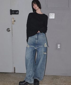 Layered Skirt Denim Pants Blue